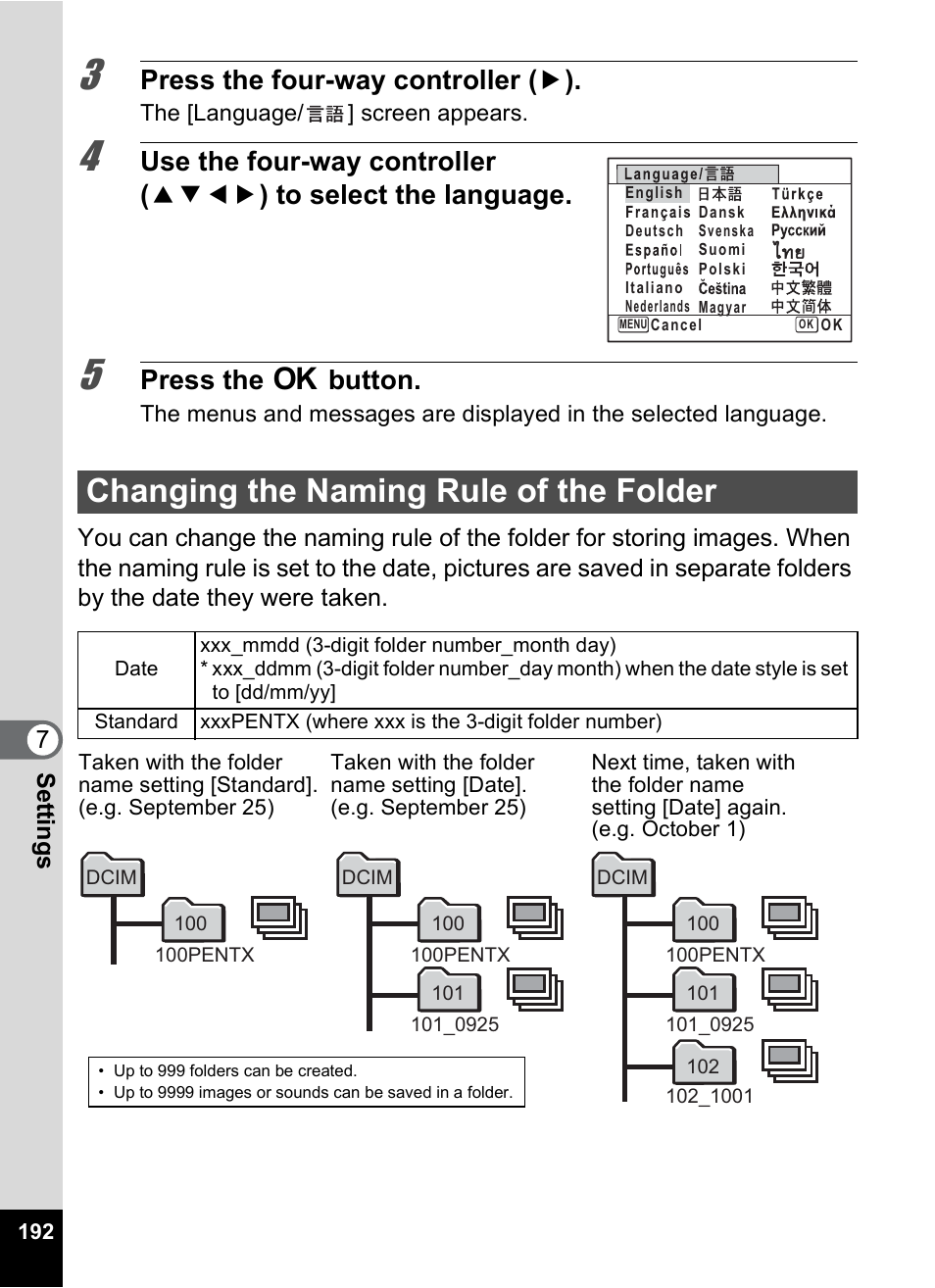 Changing the naming rule of the folder, P.192), P.192 | Press the four-way controller ( 5 ), Press the 4 button, 7se ttings | Pentax Digtial Camera Optio P70 User Manual | Page 194 / 256