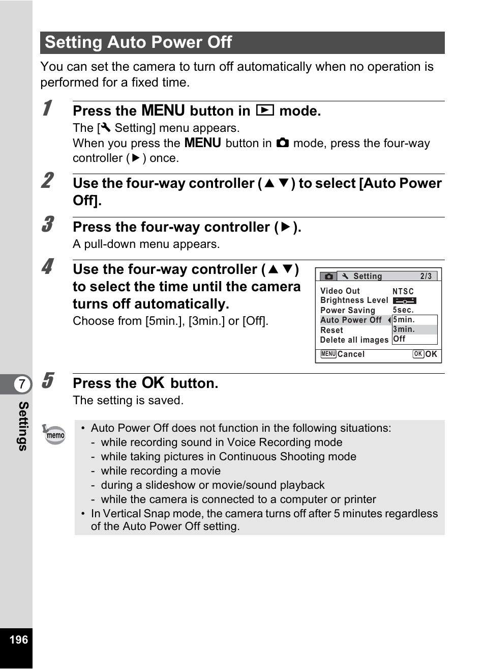 Setting auto power off, P.196, Press the 3 button in q mode | Press the four-way controller ( 5 ), Press the 4 button | Pentax Digtial Camera Optio P70 User Manual | Page 198 / 256