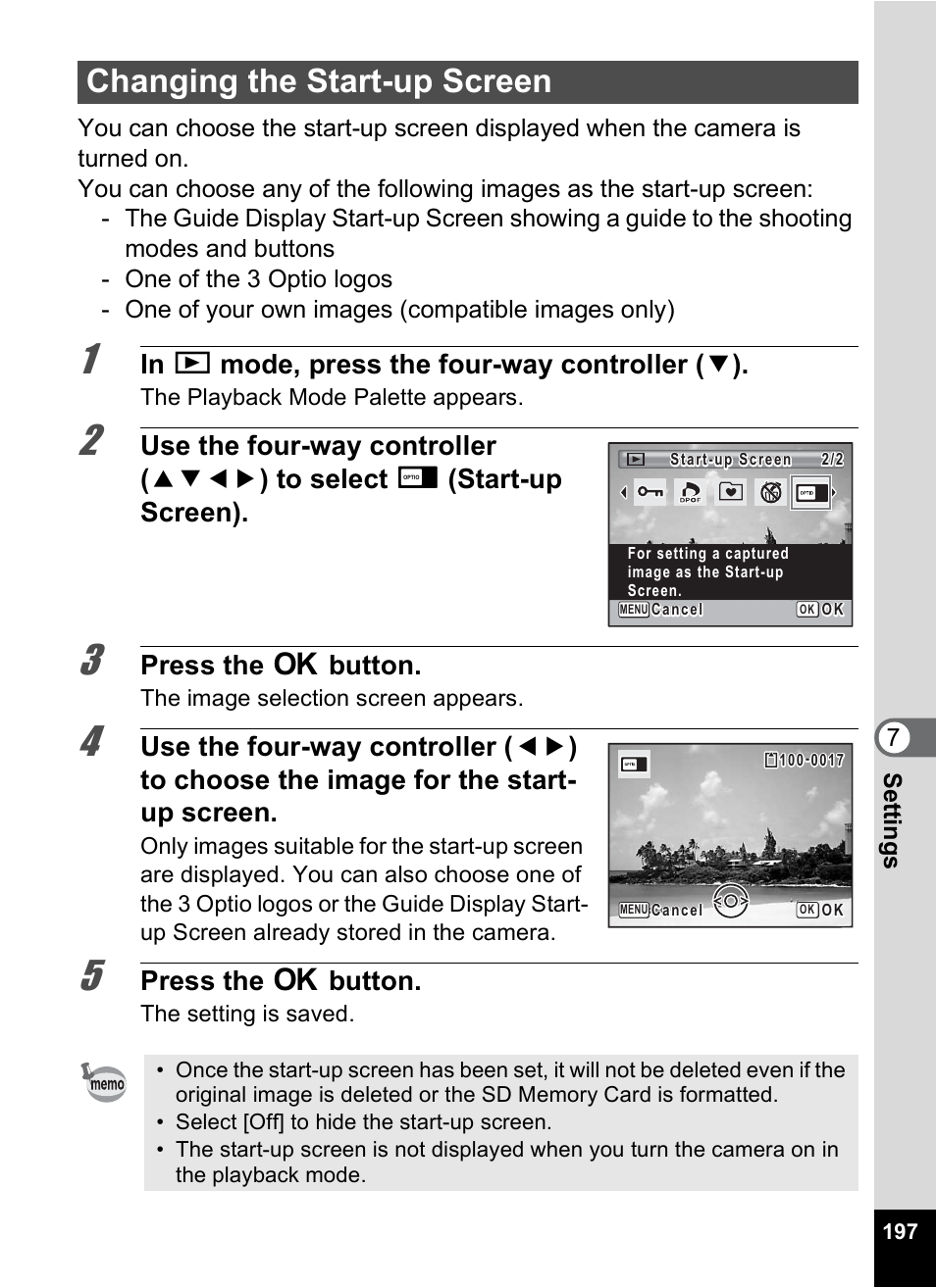 Changing the start-up screen, P.197, Press the 4 button | Pentax Digtial Camera Optio P70 User Manual | Page 199 / 256