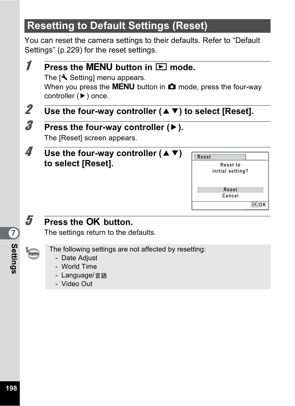 Resetting to default settings (reset), P.198 | Pentax Digtial Camera Optio P70 User Manual | Page 200 / 256