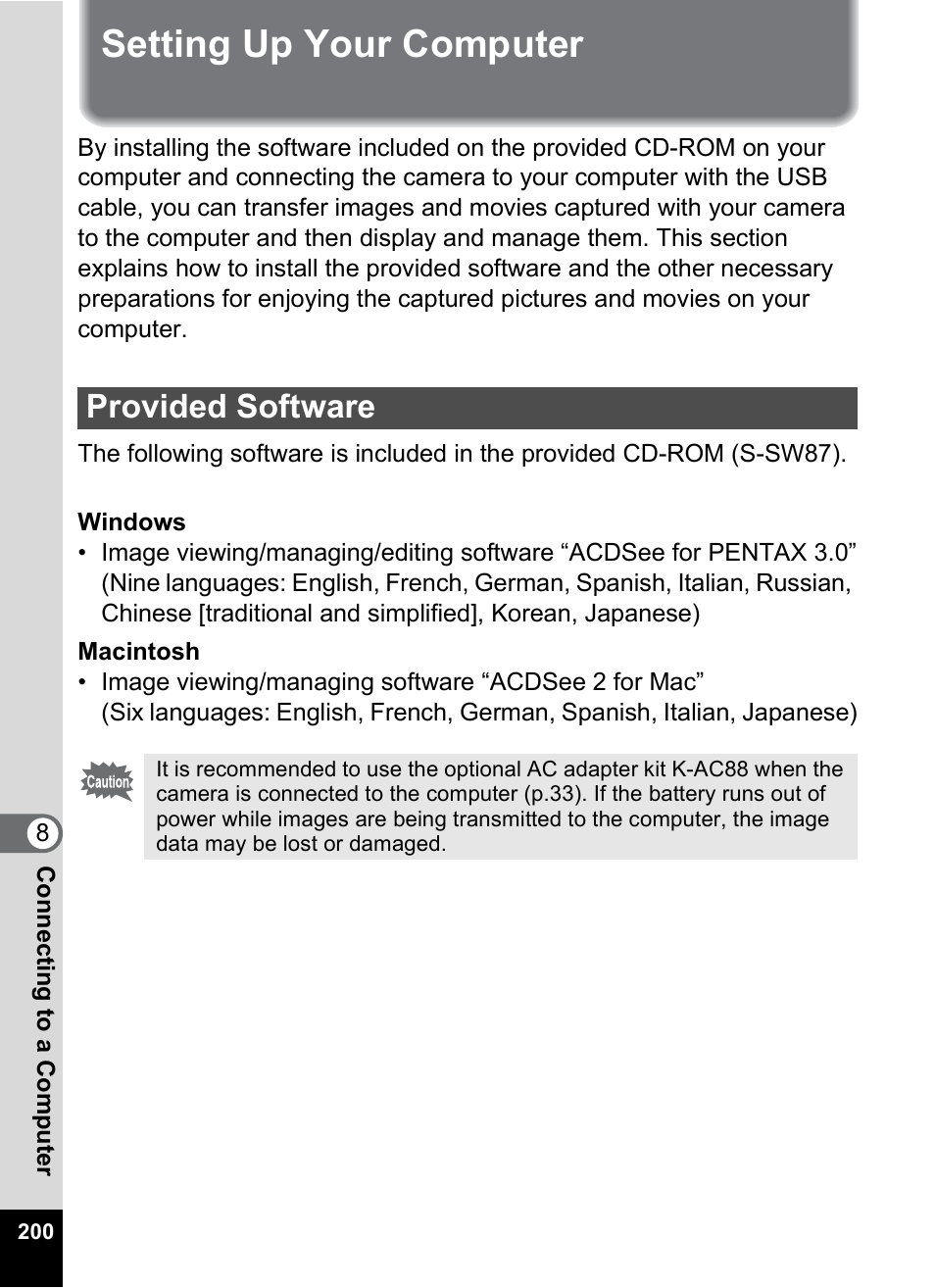Setting up your computer, Provided software | Pentax Digtial Camera Optio P70 User Manual | Page 202 / 256