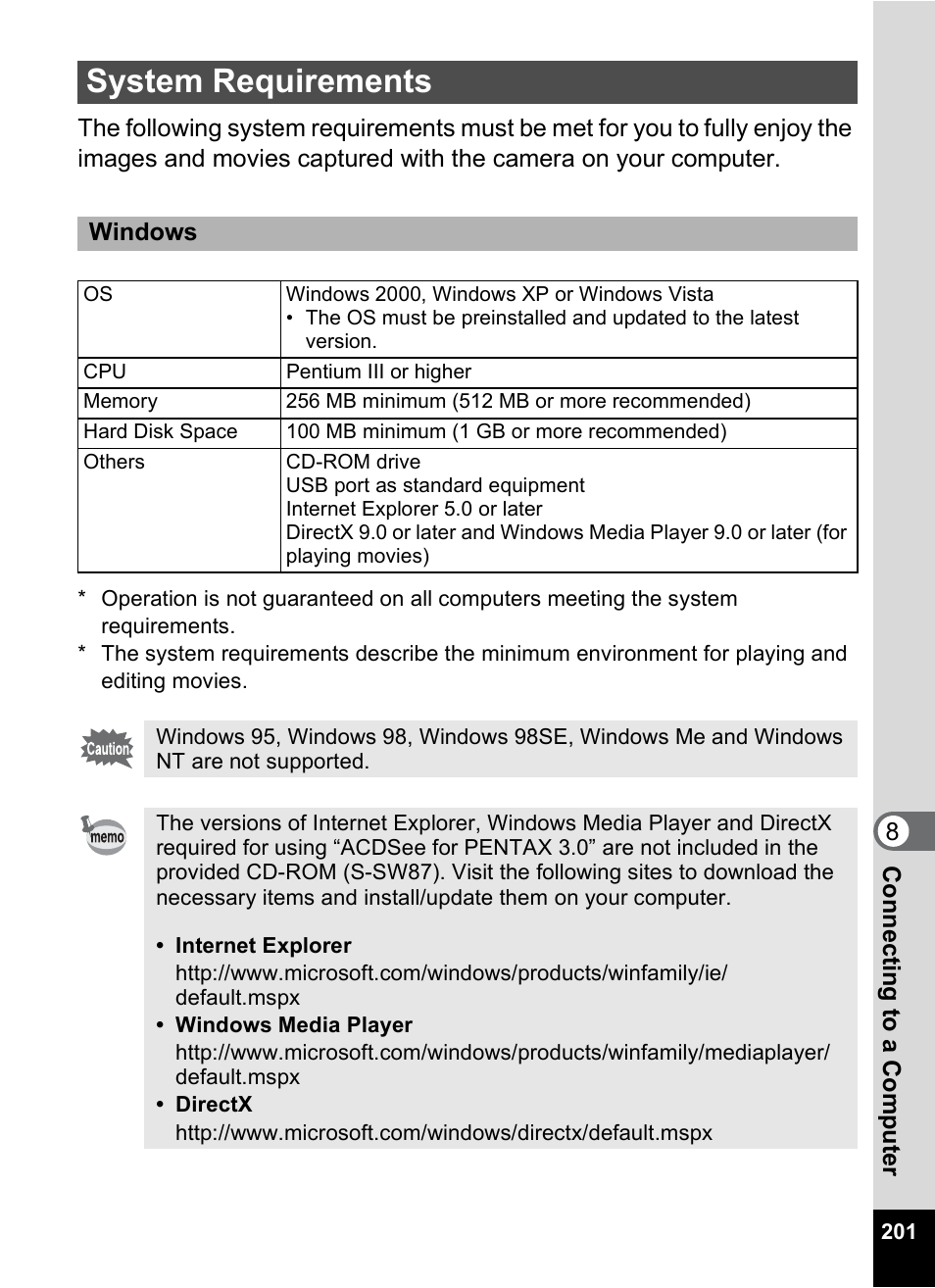 System requirements | Pentax Digtial Camera Optio P70 User Manual | Page 203 / 256
