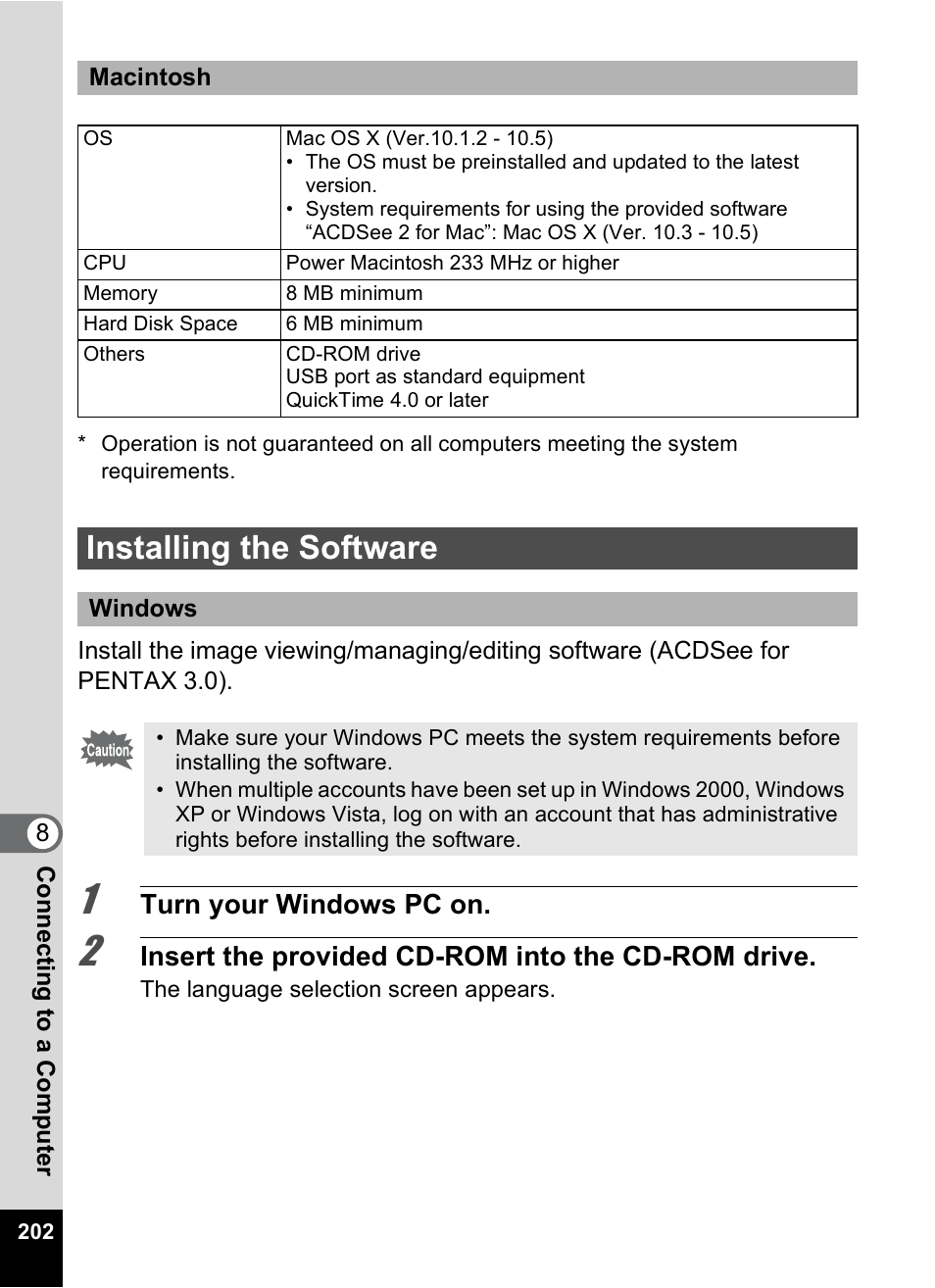 Installing the software | Pentax Digtial Camera Optio P70 User Manual | Page 204 / 256