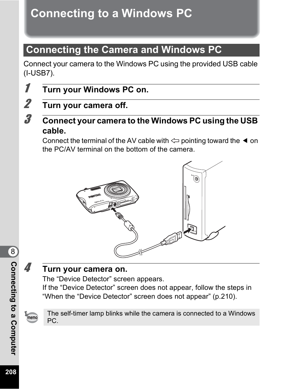 Connecting to a windows pc, Connecting the camera and windows pc | Pentax Digtial Camera Optio P70 User Manual | Page 210 / 256