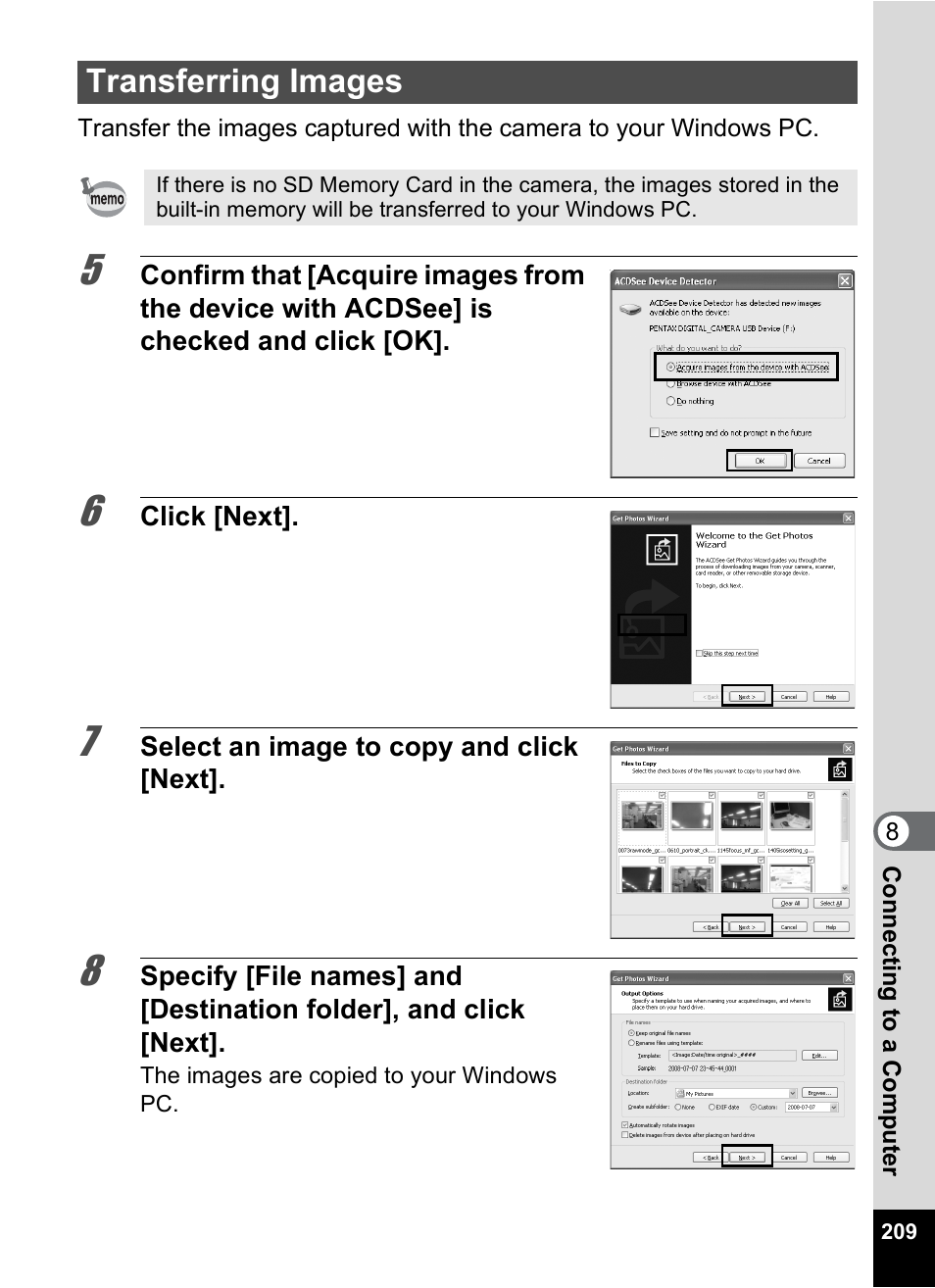 Transferring images | Pentax Digtial Camera Optio P70 User Manual | Page 211 / 256