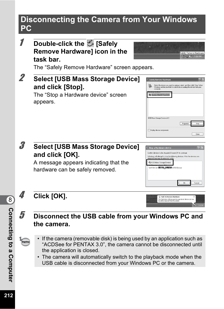 Disconnecting the camera from your windows pc | Pentax Digtial Camera Optio P70 User Manual | Page 214 / 256