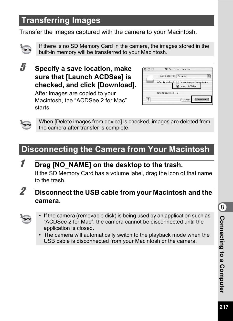 Transferring images, Disconnecting the camera from your macintosh | Pentax Digtial Camera Optio P70 User Manual | Page 219 / 256