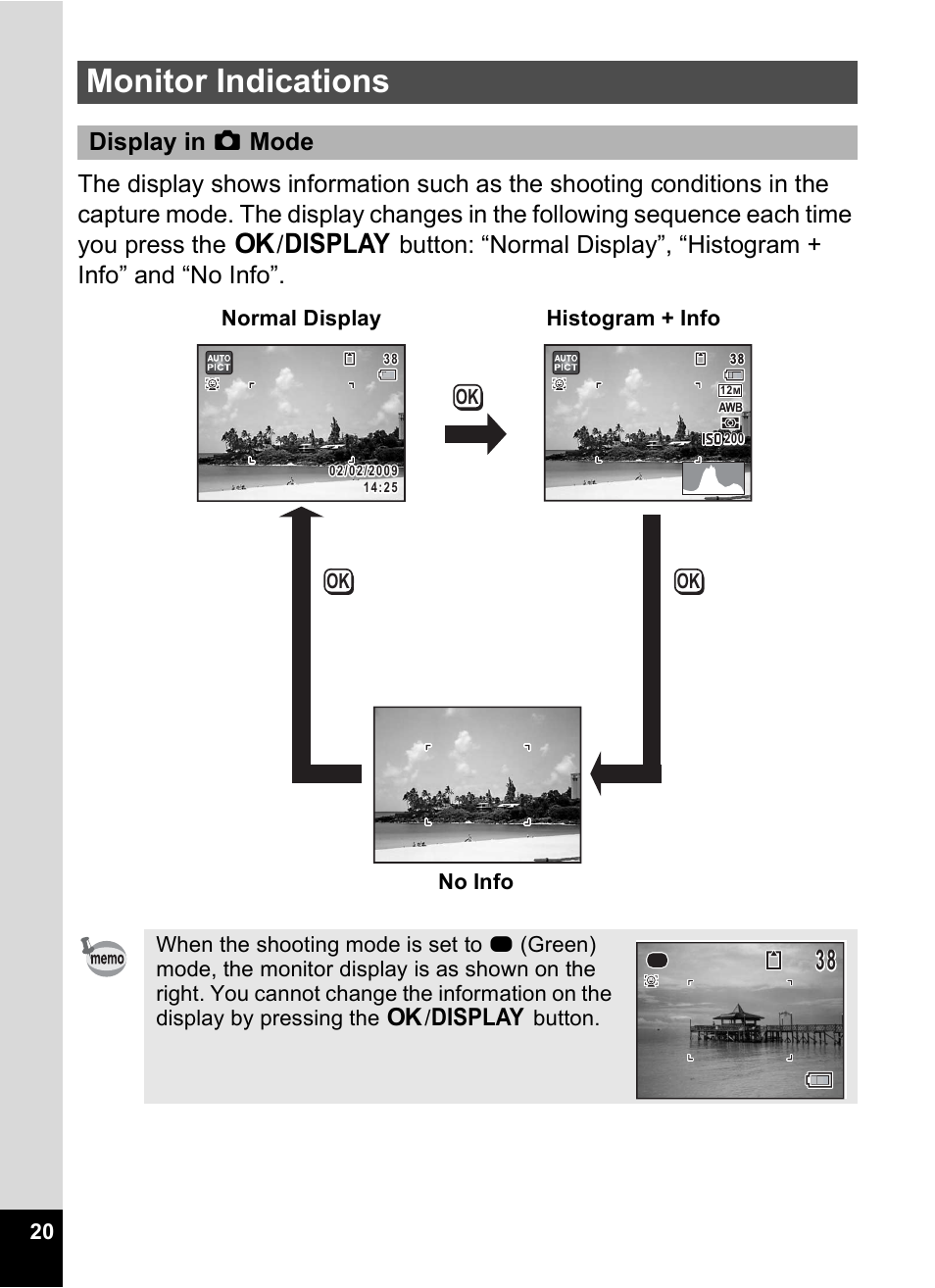 Monitor indications, Display in a mode, Histogram + info no info normal display | Pentax Digtial Camera Optio P70 User Manual | Page 22 / 256