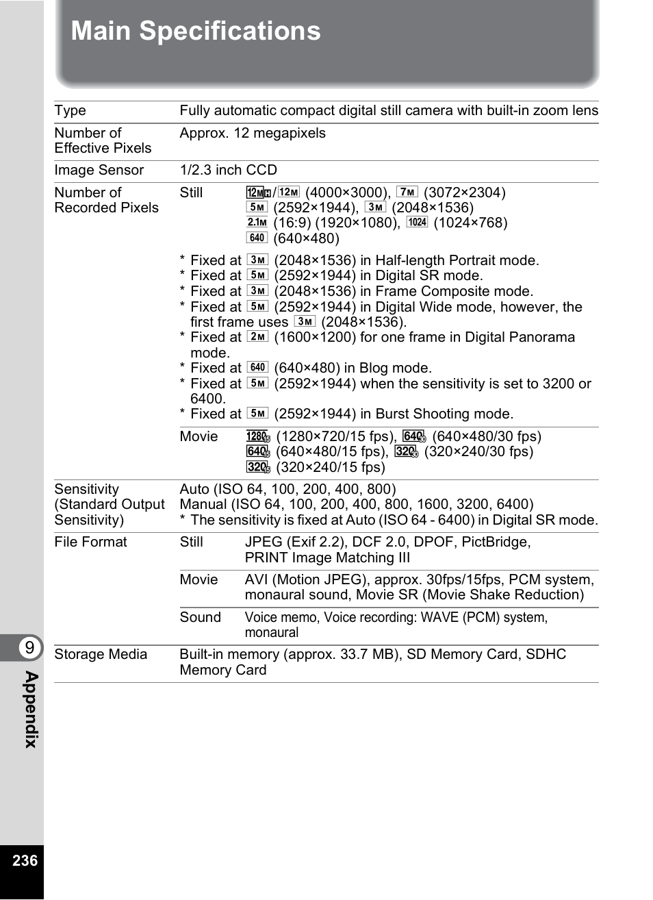 Main specifications, 9app e nd ix | Pentax Digtial Camera Optio P70 User Manual | Page 238 / 256