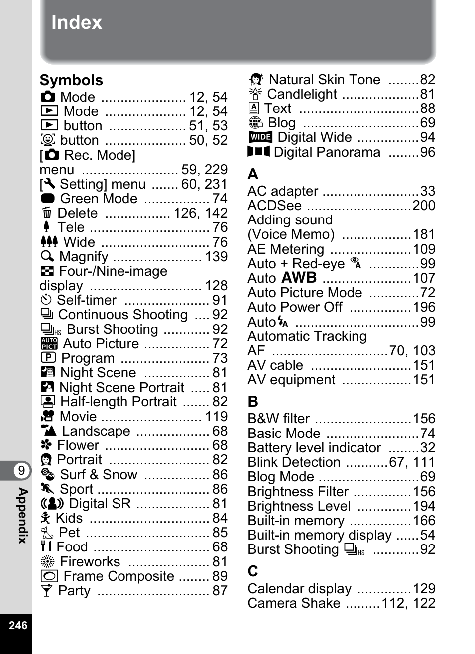 Index | Pentax Digtial Camera Optio P70 User Manual | Page 248 / 256