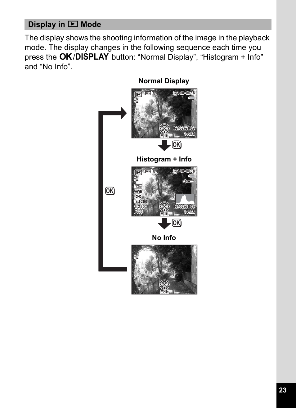 Normal display histogram + info no info | Pentax Digtial Camera Optio P70 User Manual | Page 25 / 256