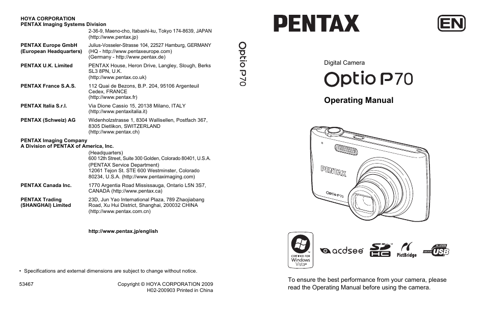 Operating manual, Digital camera | Pentax Digtial Camera Optio P70 User Manual | Page 256 / 256
