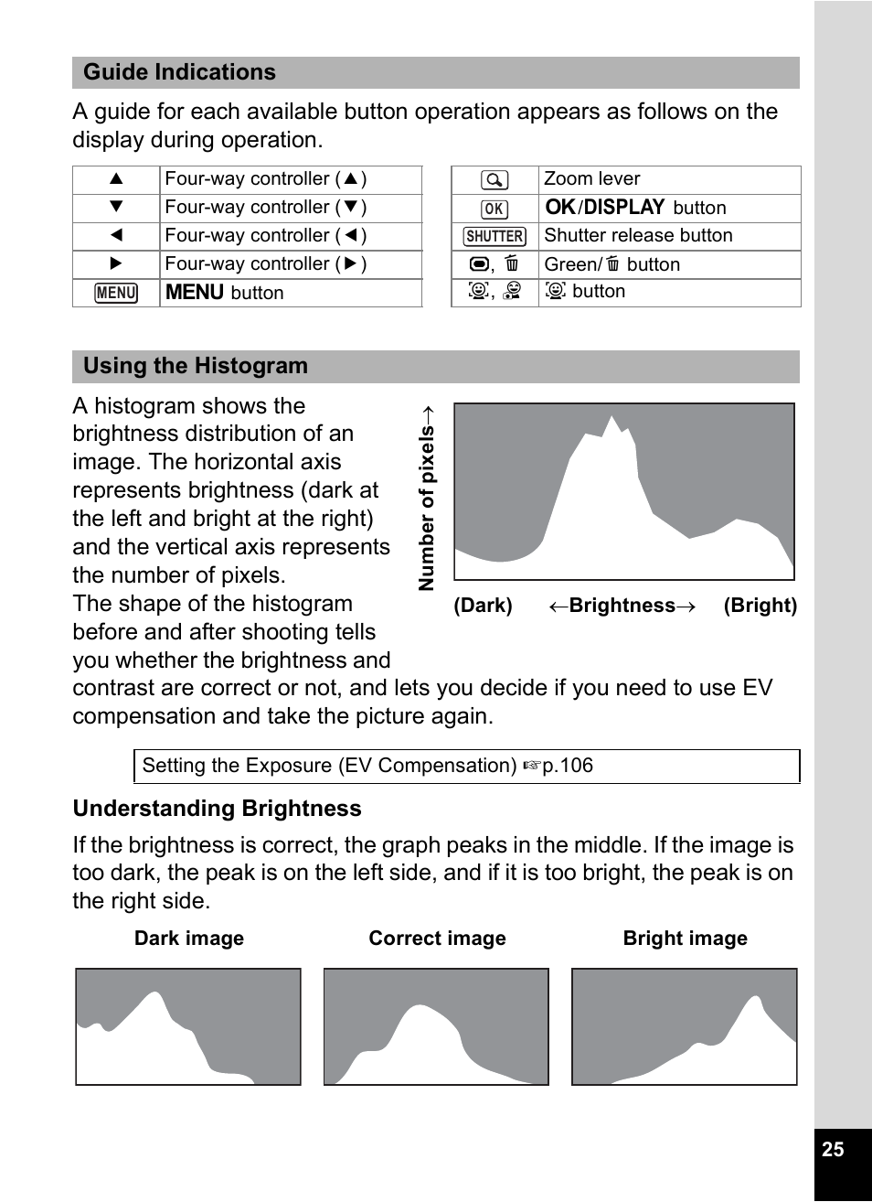 P.25), Using the histogram | Pentax Digtial Camera Optio P70 User Manual | Page 27 / 256