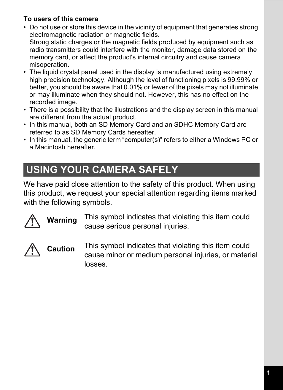 Using your camera safely | Pentax Digtial Camera Optio P70 User Manual | Page 3 / 256
