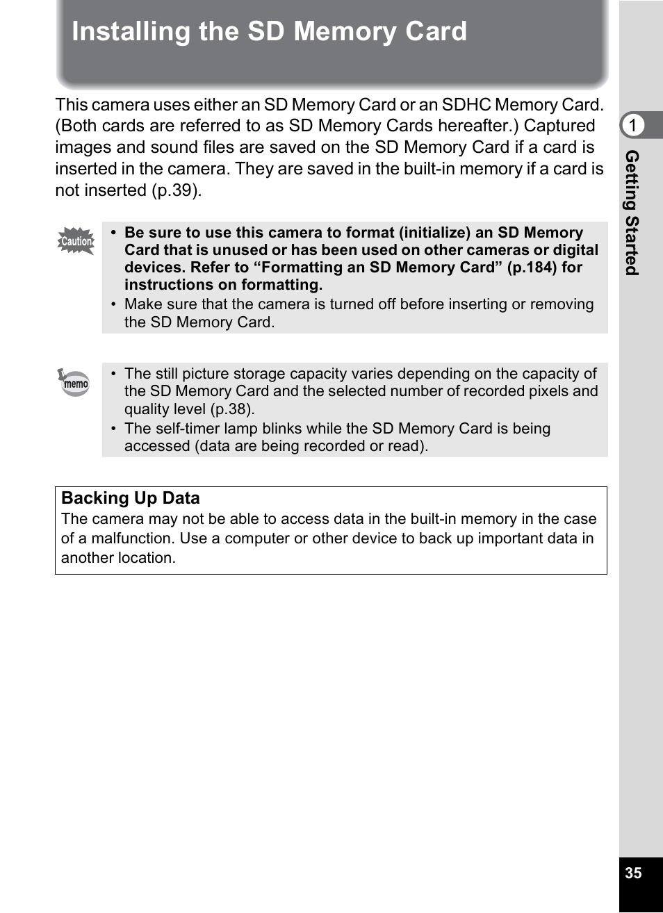 Installing the sd memory card | Pentax Digtial Camera Optio P70 User Manual | Page 37 / 256