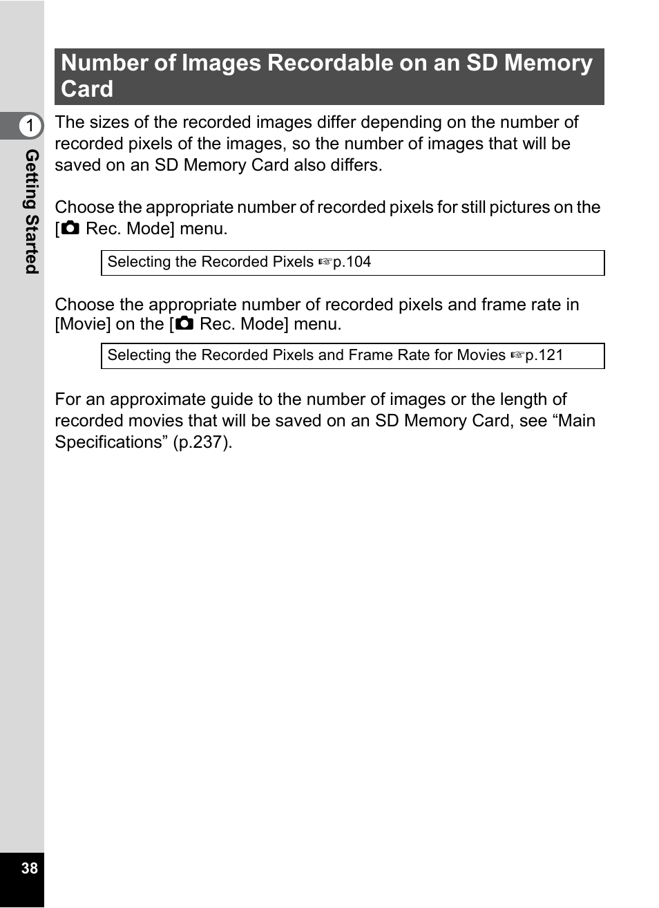 Number of images recordable on an sd memory card | Pentax Digtial Camera Optio P70 User Manual | Page 40 / 256