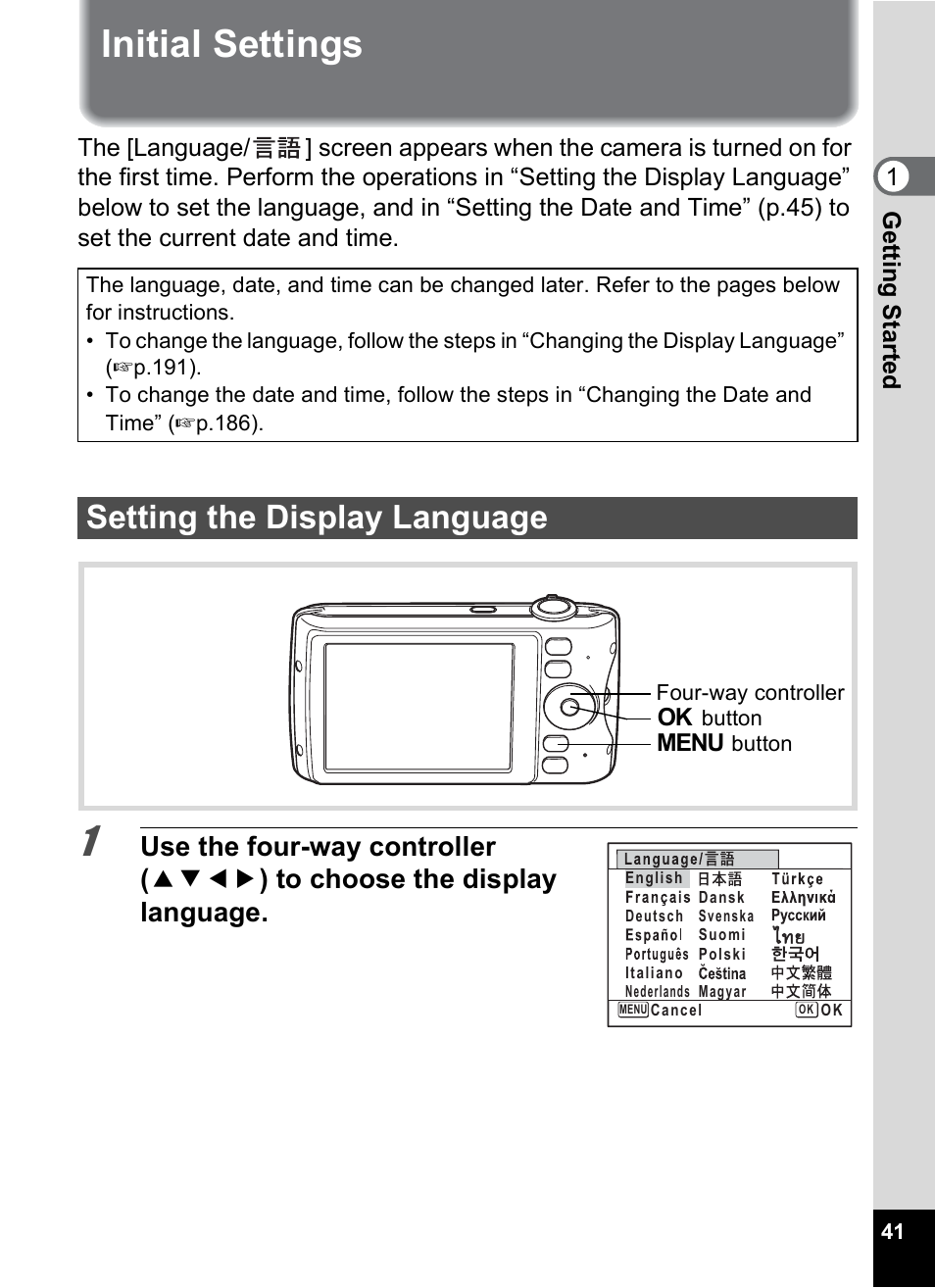 Initial settings, Setting the display language | Pentax Digtial Camera Optio P70 User Manual | Page 43 / 256