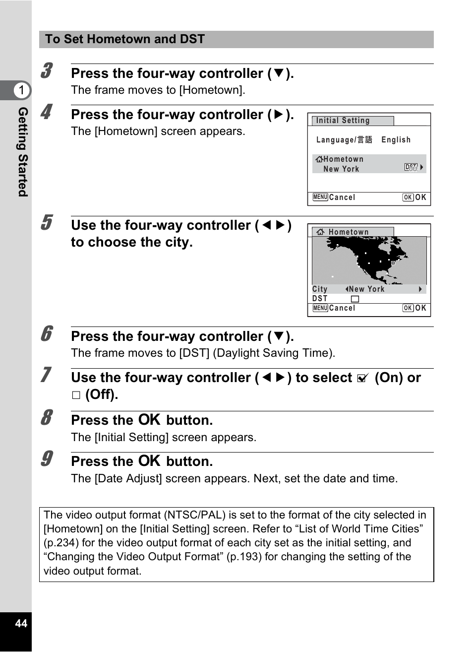 Press the four-way controller ( 3 ), Press the four-way controller ( 5 ), Press the 4 button | Pentax Digtial Camera Optio P70 User Manual | Page 46 / 256
