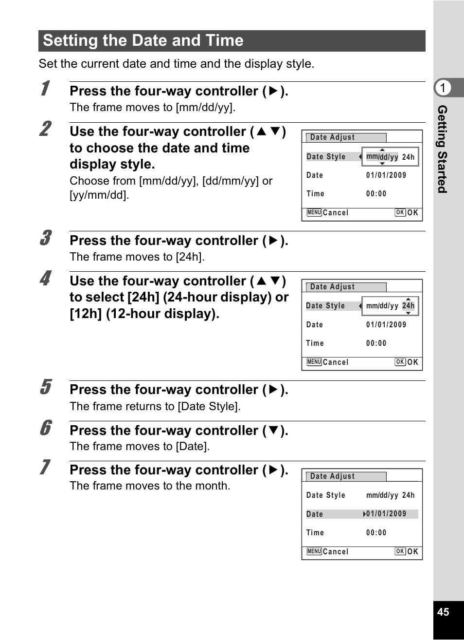 Setting the date and time, P.45), Me (p.45) | Setting the date and time” (p.45) to, Press the four-way controller ( 5 ), Press the four-way controller ( 3 ) | Pentax Digtial Camera Optio P70 User Manual | Page 47 / 256