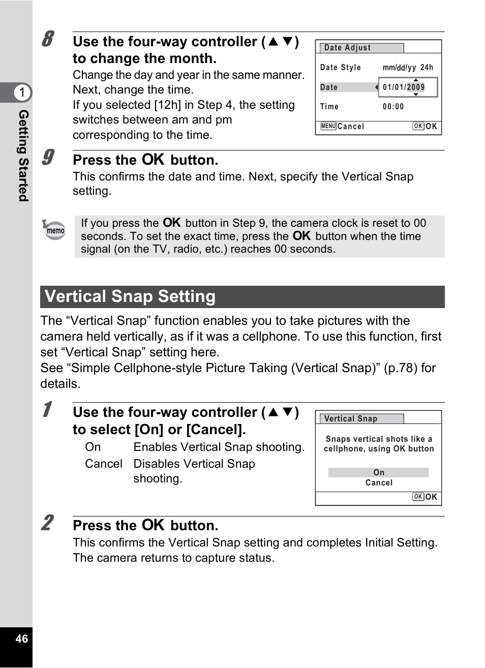 Vertical snap setting, Press the 4 button | Pentax Digtial Camera Optio P70 User Manual | Page 48 / 256