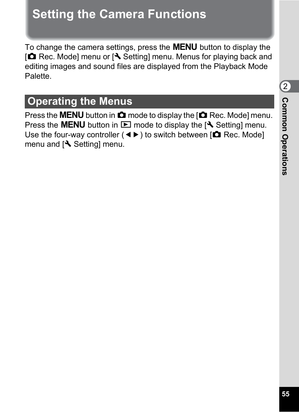 Setting the camera functions, Operating the menus, P.55) | P.55 | Pentax Digtial Camera Optio P70 User Manual | Page 57 / 256