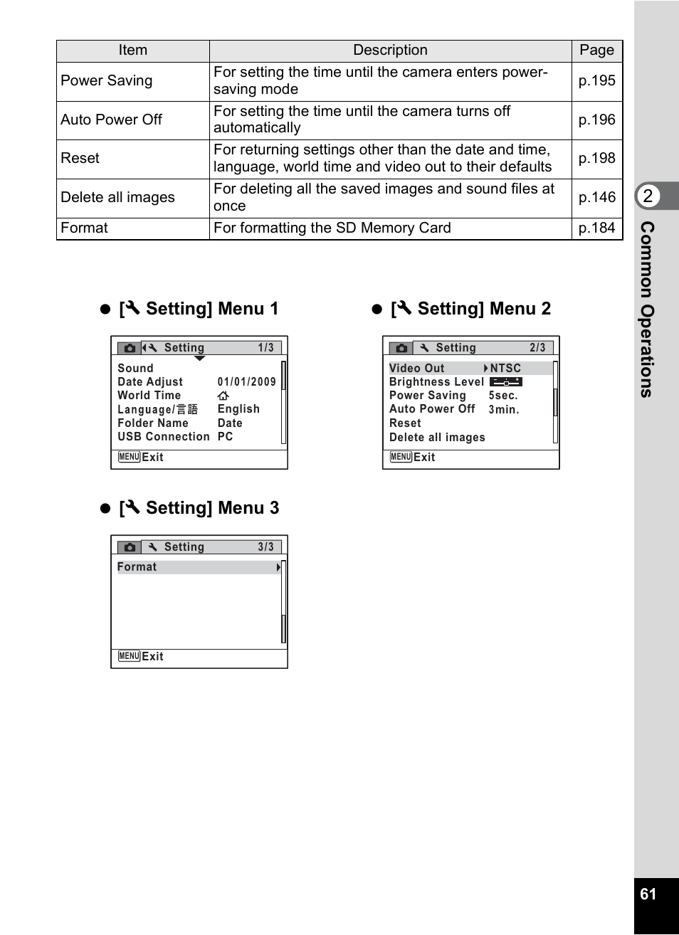 W setting] menu 1, W setting] menu 2, W setting] menu 3 | Pentax Digtial Camera Optio P70 User Manual | Page 63 / 256