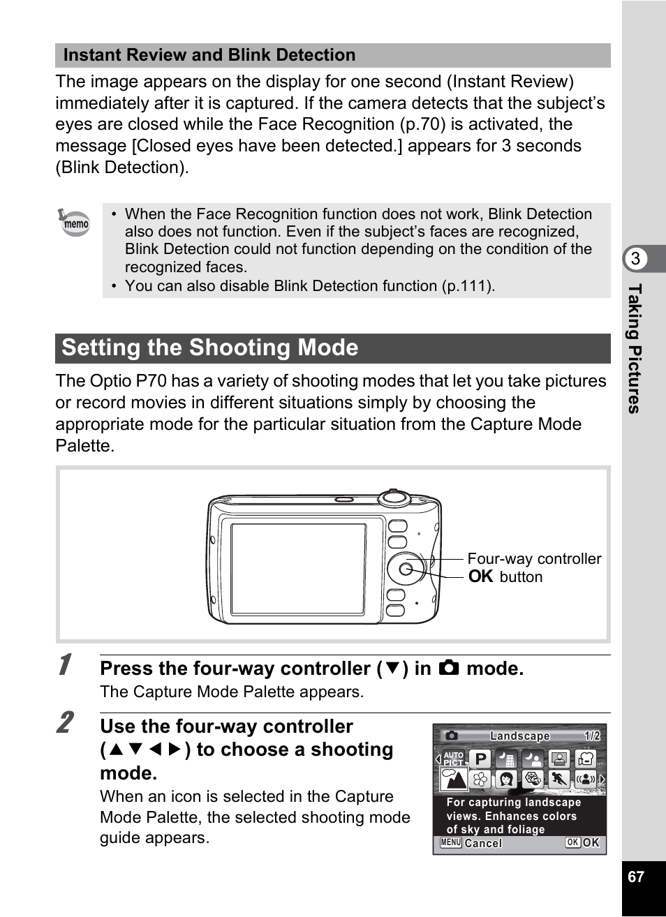 Setting the shooting mode, P.67) a, Tte (p.67 | P.67), Press the four-way controller ( 3 ) in a mode | Pentax Digtial Camera Optio P70 User Manual | Page 69 / 256