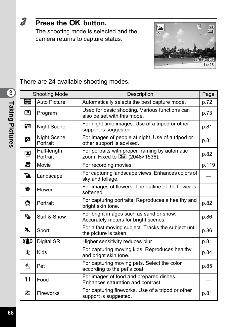 Press the 4 button, 3ta king pict ures, There are 24 available shooting modes | Pentax Digtial Camera Optio P70 User Manual | Page 70 / 256