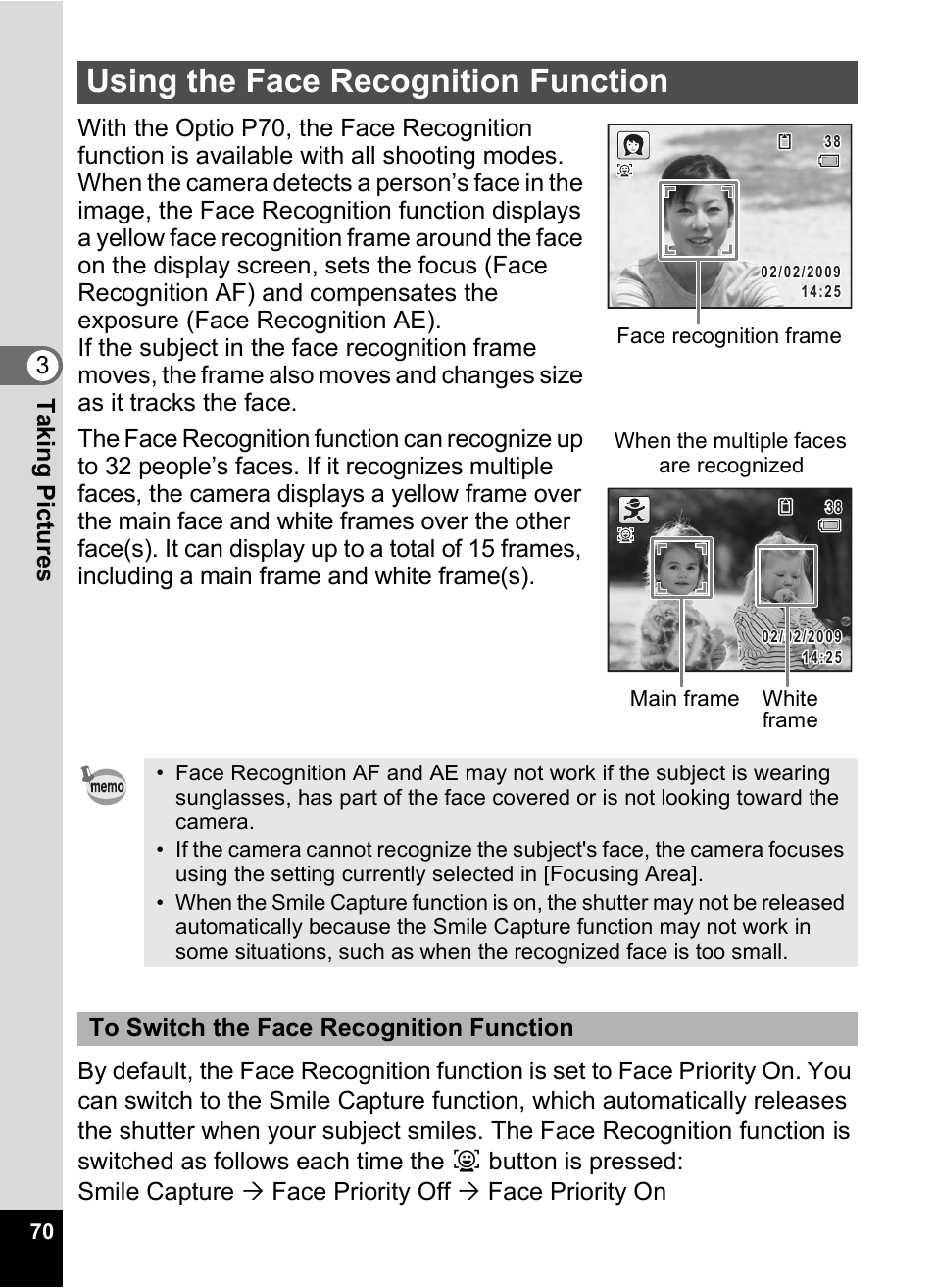 Using the face recognition function, P.70), P.70 | Pentax Digtial Camera Optio P70 User Manual | Page 72 / 256