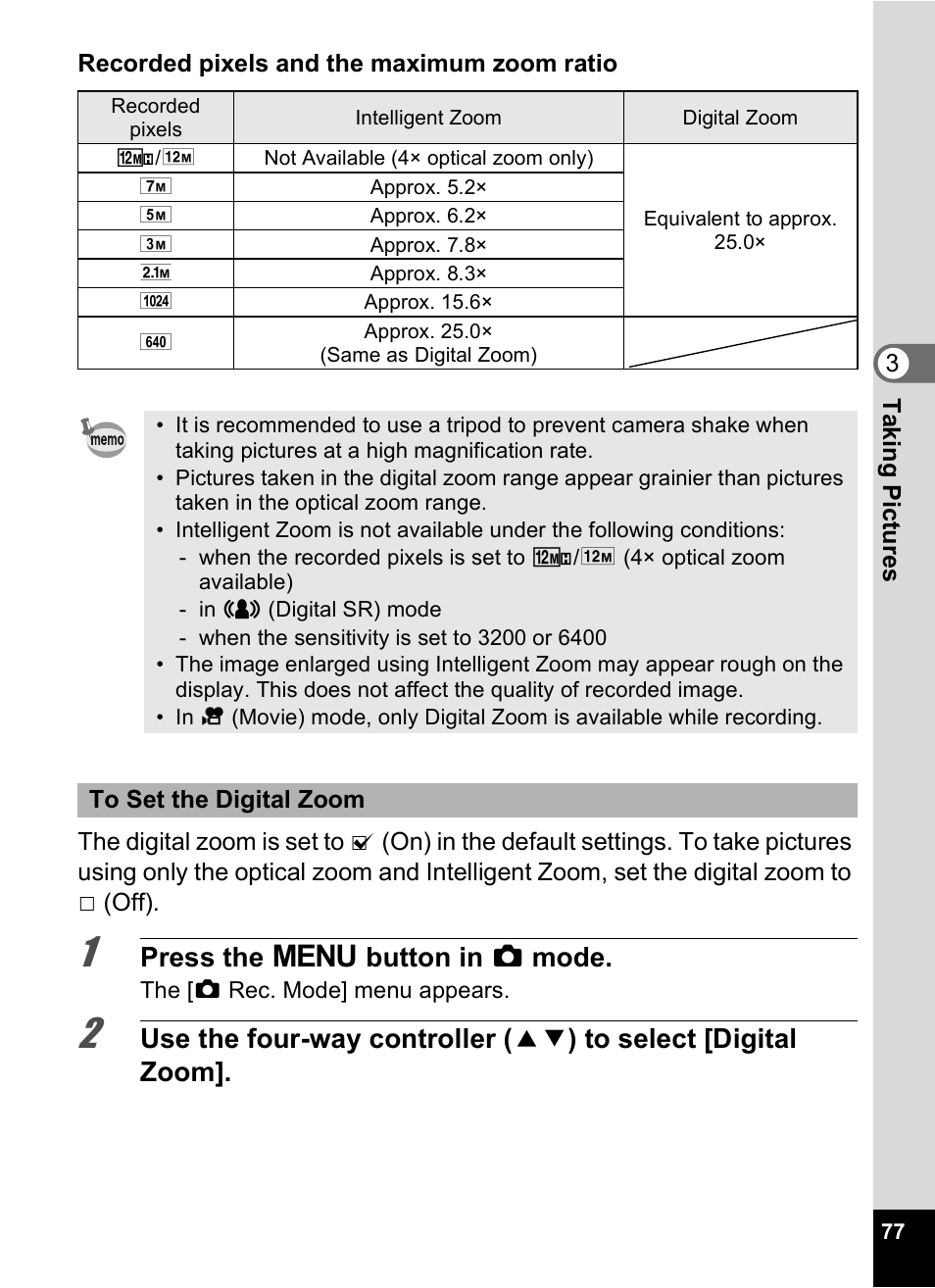 P.77, Press the 3 button in a mode | Pentax Digtial Camera Optio P70 User Manual | Page 79 / 256