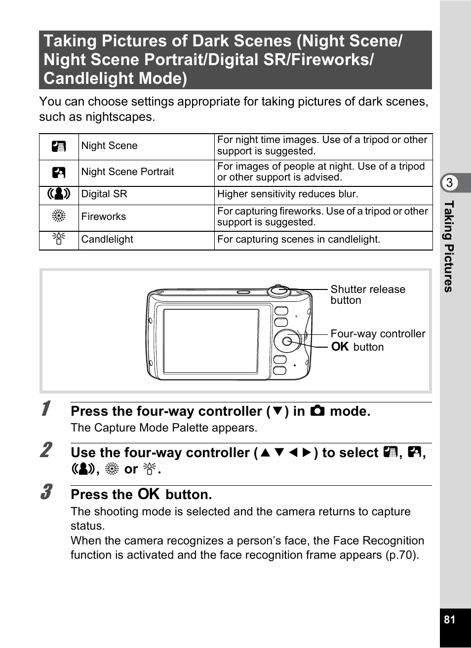 Digital sr/fireworks/candlelight mode), P.81 | Pentax Digtial Camera Optio P70 User Manual | Page 83 / 256