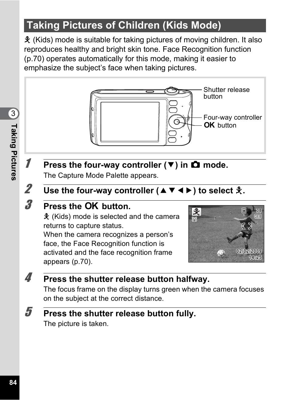 Taking pictures of children (kids mode), P.84 | Pentax Digtial Camera Optio P70 User Manual | Page 86 / 256