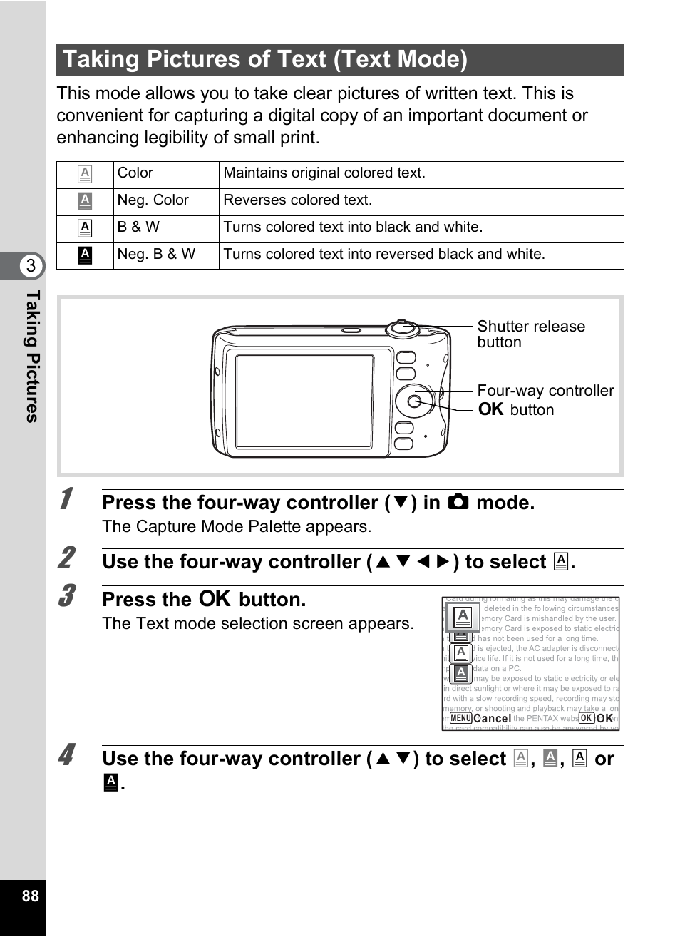 Taking pictures of text (text mode), P.88 | Pentax Digtial Camera Optio P70 User Manual | Page 90 / 256