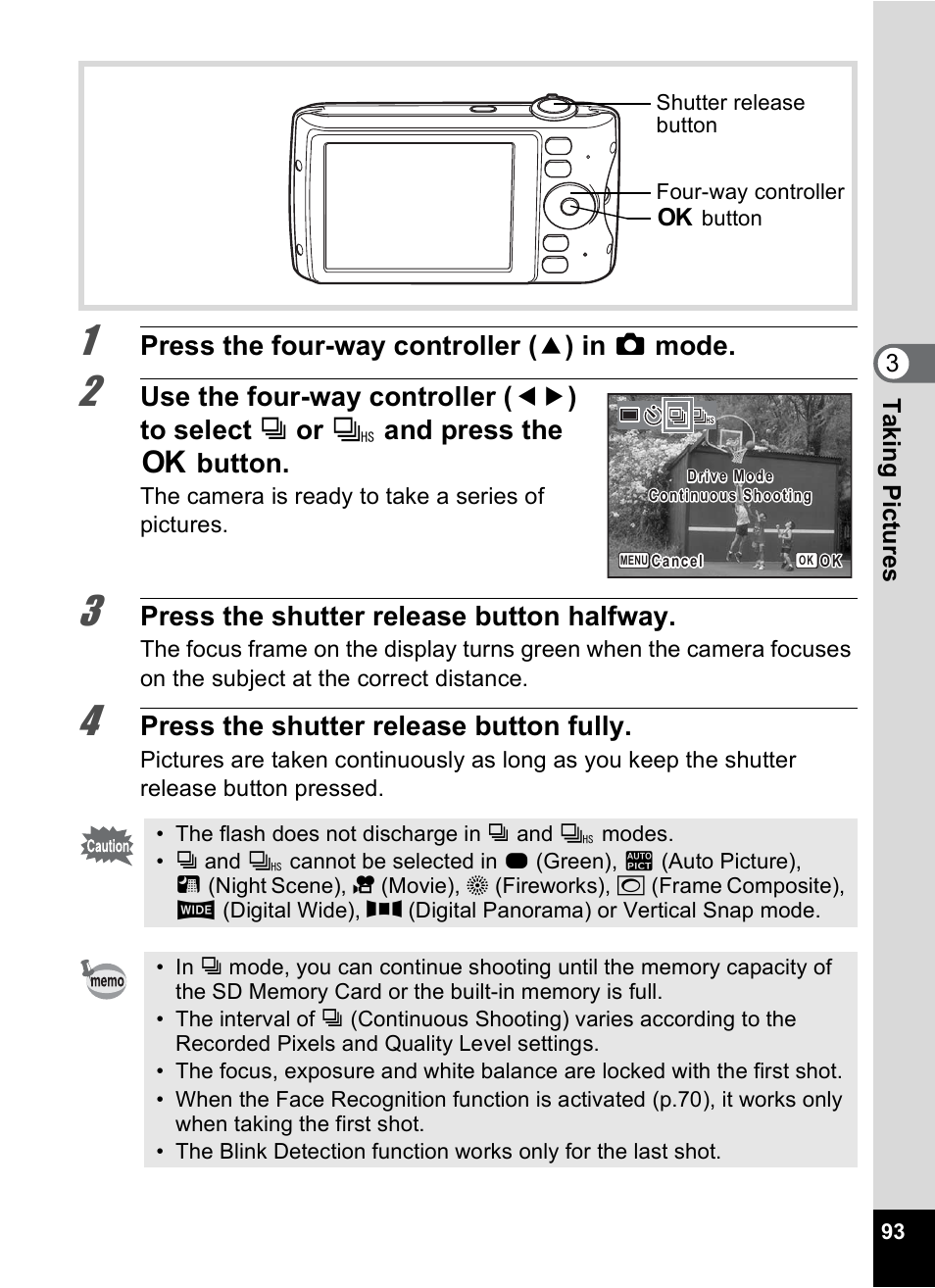 Press the four-way controller ( 2 ) in a mode, Press the shutter release button halfway, Press the shutter release button fully | 3ta king pict ures | Pentax Digtial Camera Optio P70 User Manual | Page 95 / 256