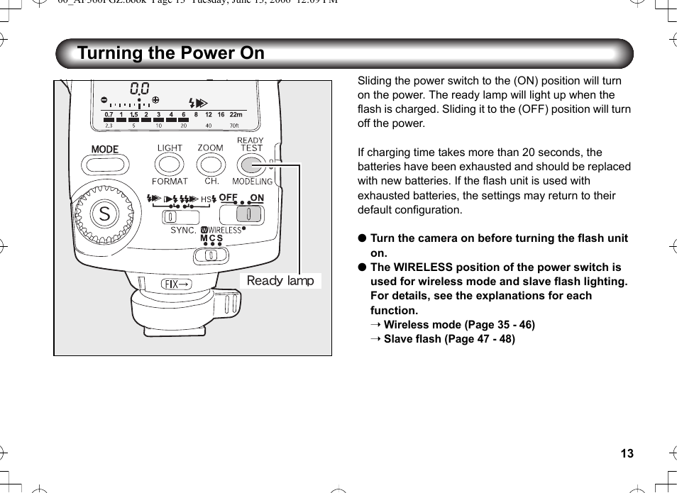 Turning the power on | Pentax AF-360FGZ User Manual | Page 15 / 96