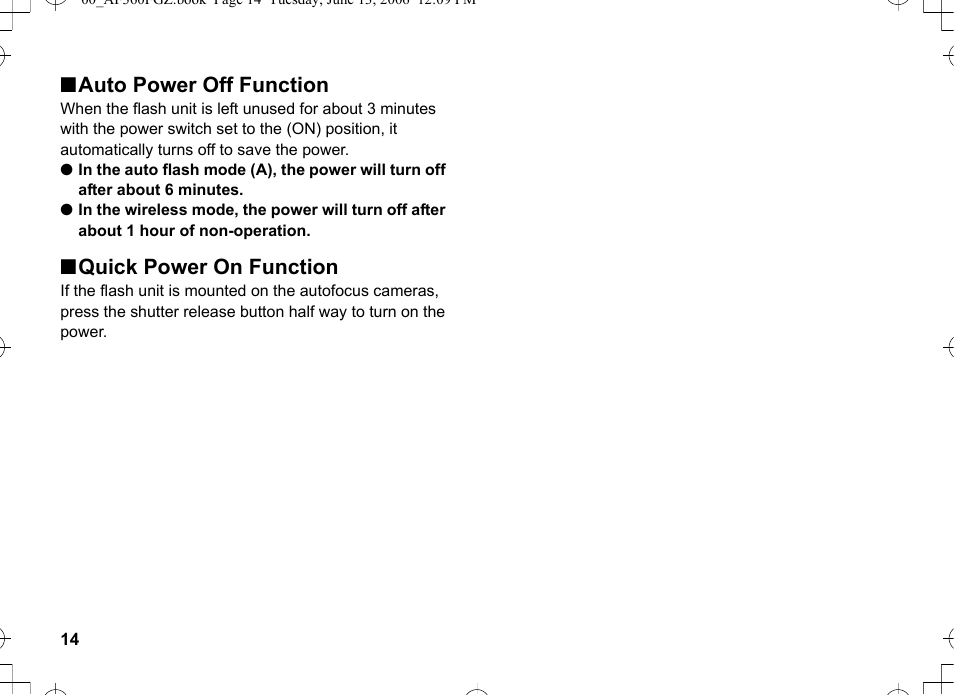 Nauto power off function, Nquick power on function | Pentax AF-360FGZ User Manual | Page 16 / 96