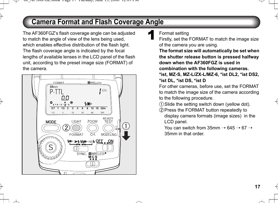 Camera format and flash coverage angle | Pentax AF-360FGZ User Manual | Page 19 / 96