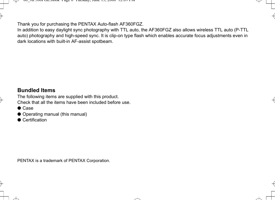 Bundled items | Pentax AF-360FGZ User Manual | Page 2 / 96