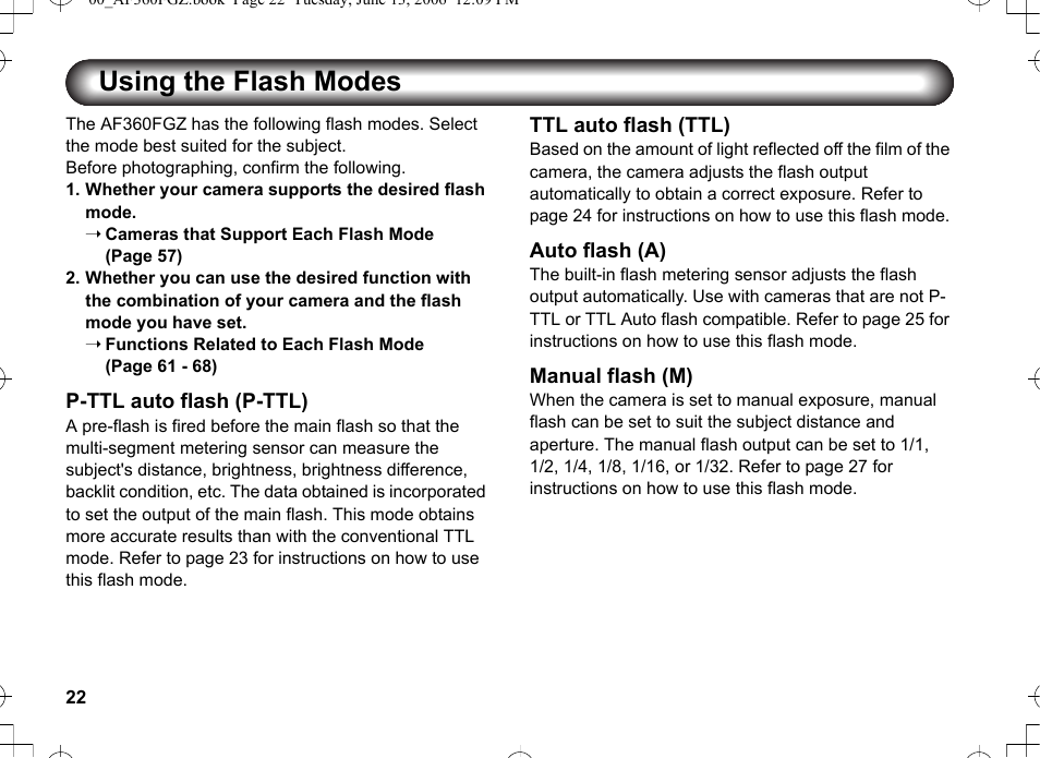 Using the flash modes | Pentax AF-360FGZ User Manual | Page 24 / 96