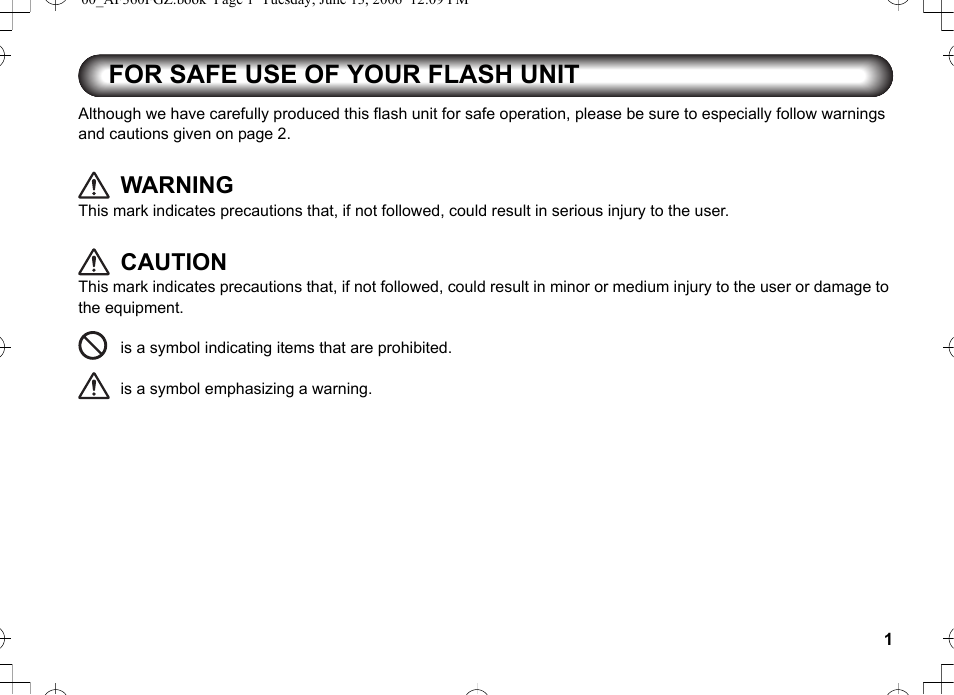 For safe use of your flash unit, Warning, Caution | Pentax AF-360FGZ User Manual | Page 3 / 96