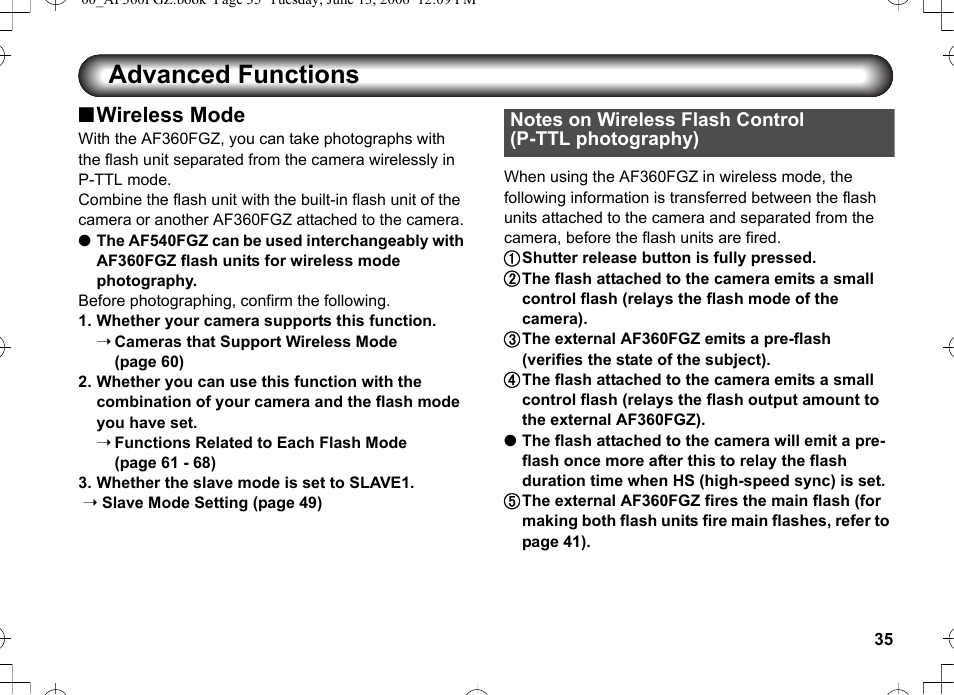 Advanced functions, Nwireless mode | Pentax AF-360FGZ User Manual | Page 37 / 96