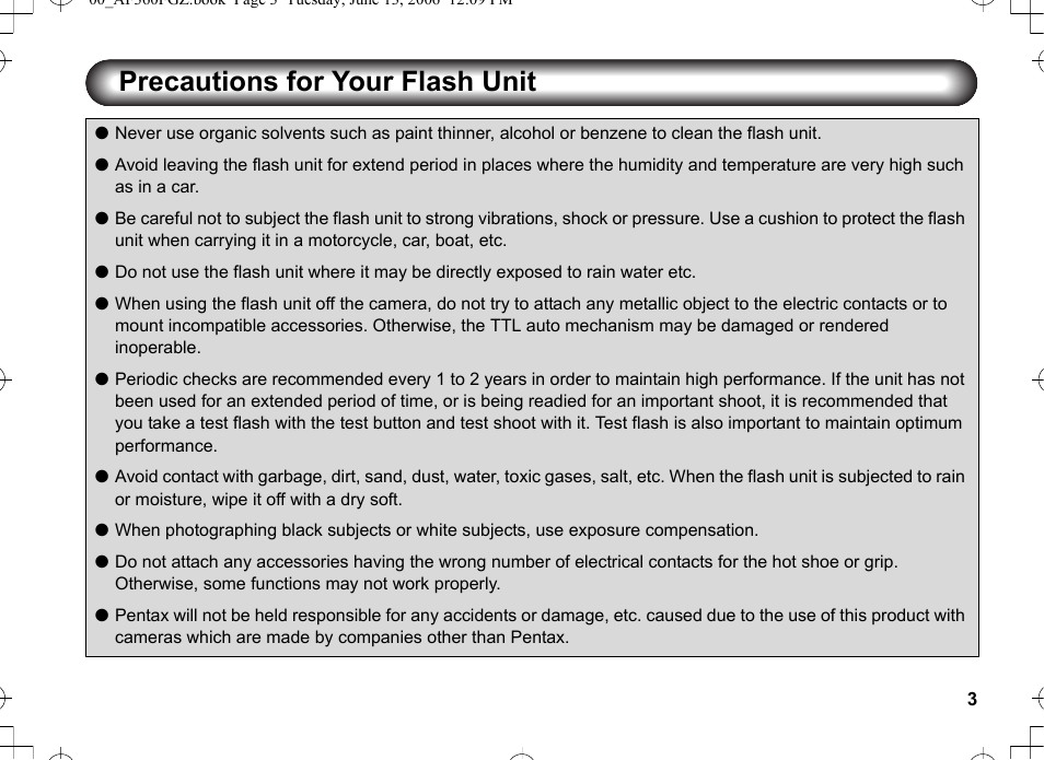 Precautions for your flash unit | Pentax AF-360FGZ User Manual | Page 5 / 96