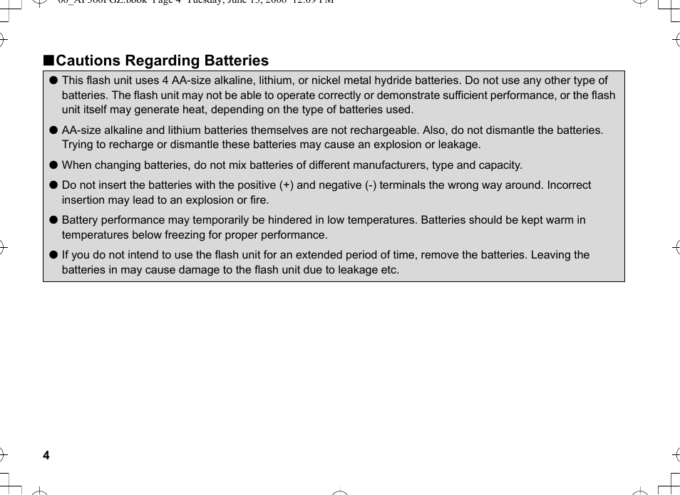 Ncautions regarding batteries | Pentax AF-360FGZ User Manual | Page 6 / 96