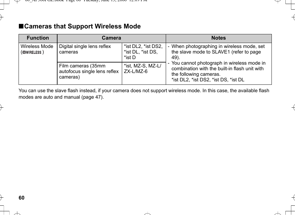 Ncameras that support wireless mode | Pentax AF-360FGZ User Manual | Page 62 / 96