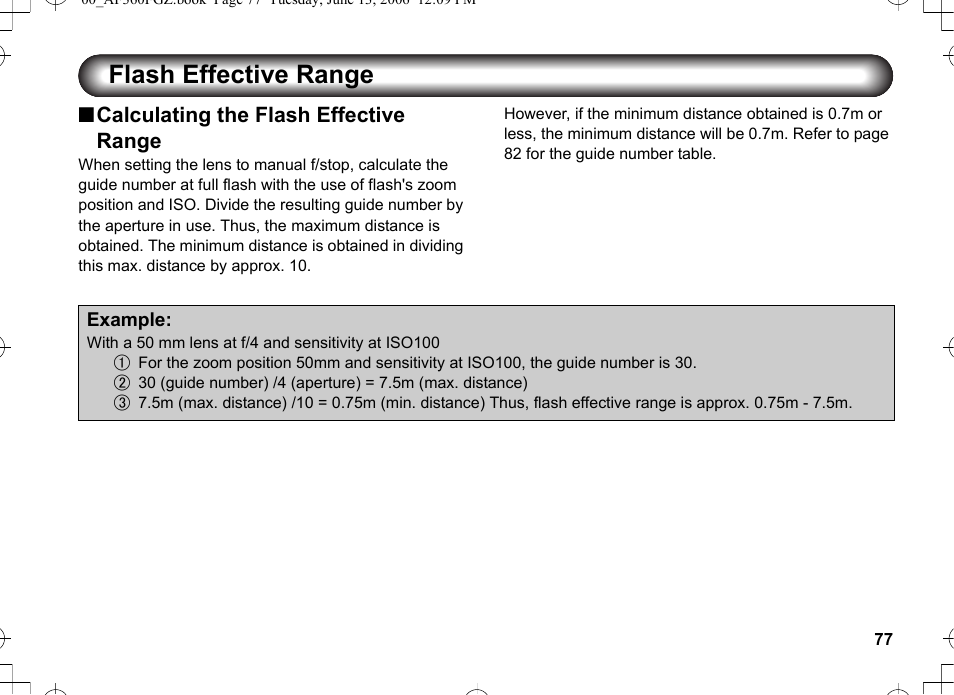 Flash effective range, Ncalculating the flash effective range | Pentax AF-360FGZ User Manual | Page 79 / 96