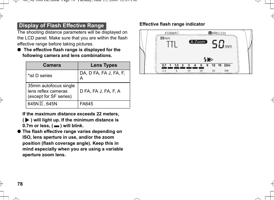 Display of flash effective range | Pentax AF-360FGZ User Manual | Page 80 / 96