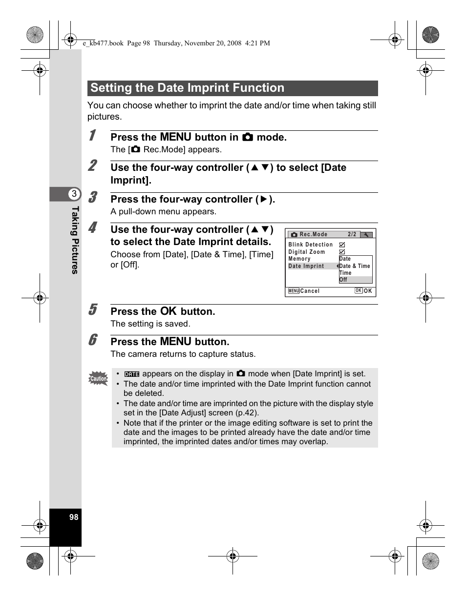 Setting the date imprint function | Pentax Optio E70 User Manual | Page 100 / 225