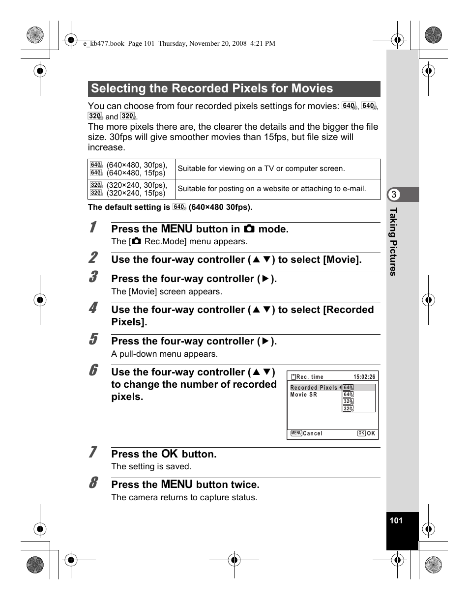 Selecting the recorded pixels for movies | Pentax Optio E70 User Manual | Page 103 / 225