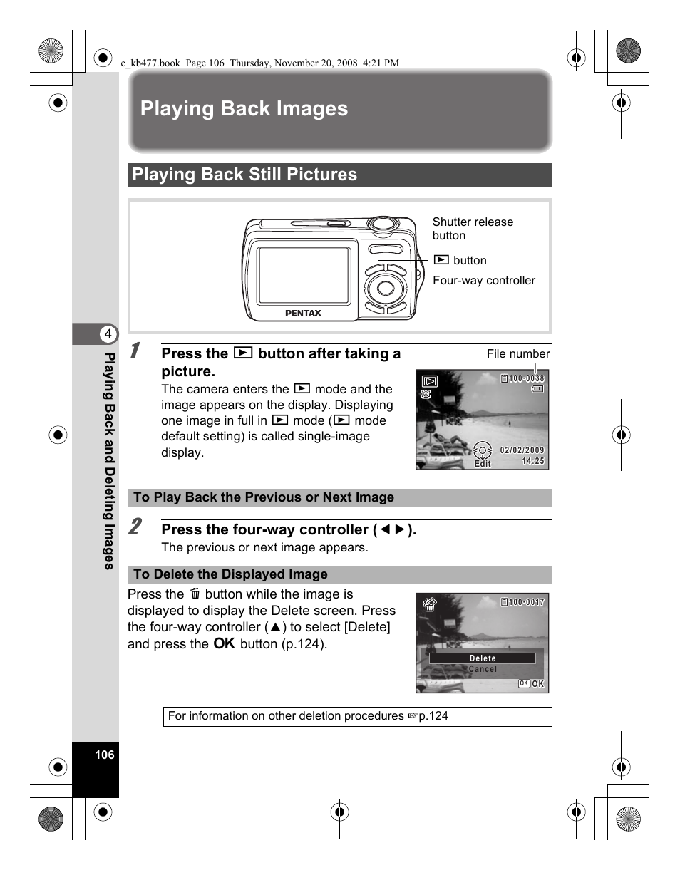 Playing back images, Playing back still pictures, Press the q button after taking a picture | Press the four-way controller ( 45 ) | Pentax Optio E70 User Manual | Page 108 / 225