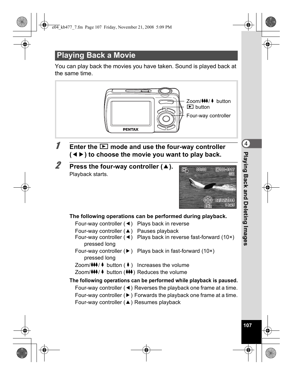 Playing back a movie, Press the four-way controller ( 2 ) | Pentax Optio E70 User Manual | Page 109 / 225